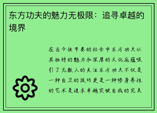 东方功夫的魅力无极限：追寻卓越的境界