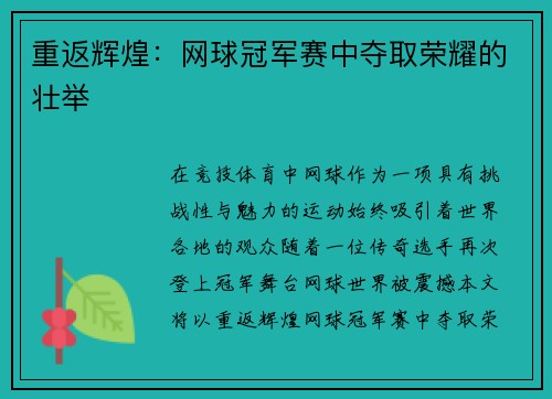 重返辉煌：网球冠军赛中夺取荣耀的壮举